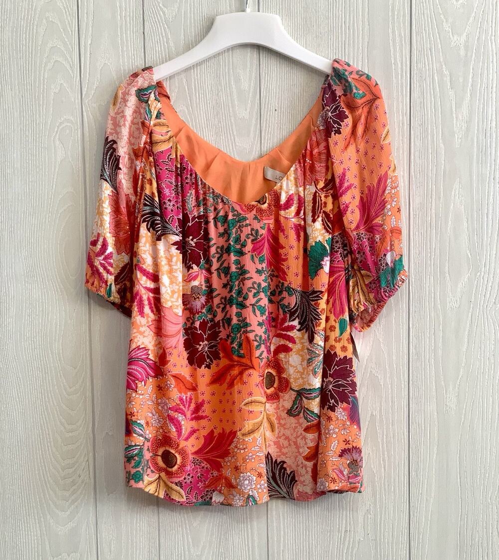 LOFT Pink Orange Floral V-Neck Short Sleeve Top Large NWT